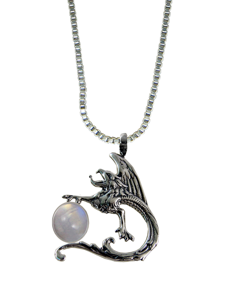 Sterling Silver Tattoo Dragon Pendant With Rainbow Moonstone